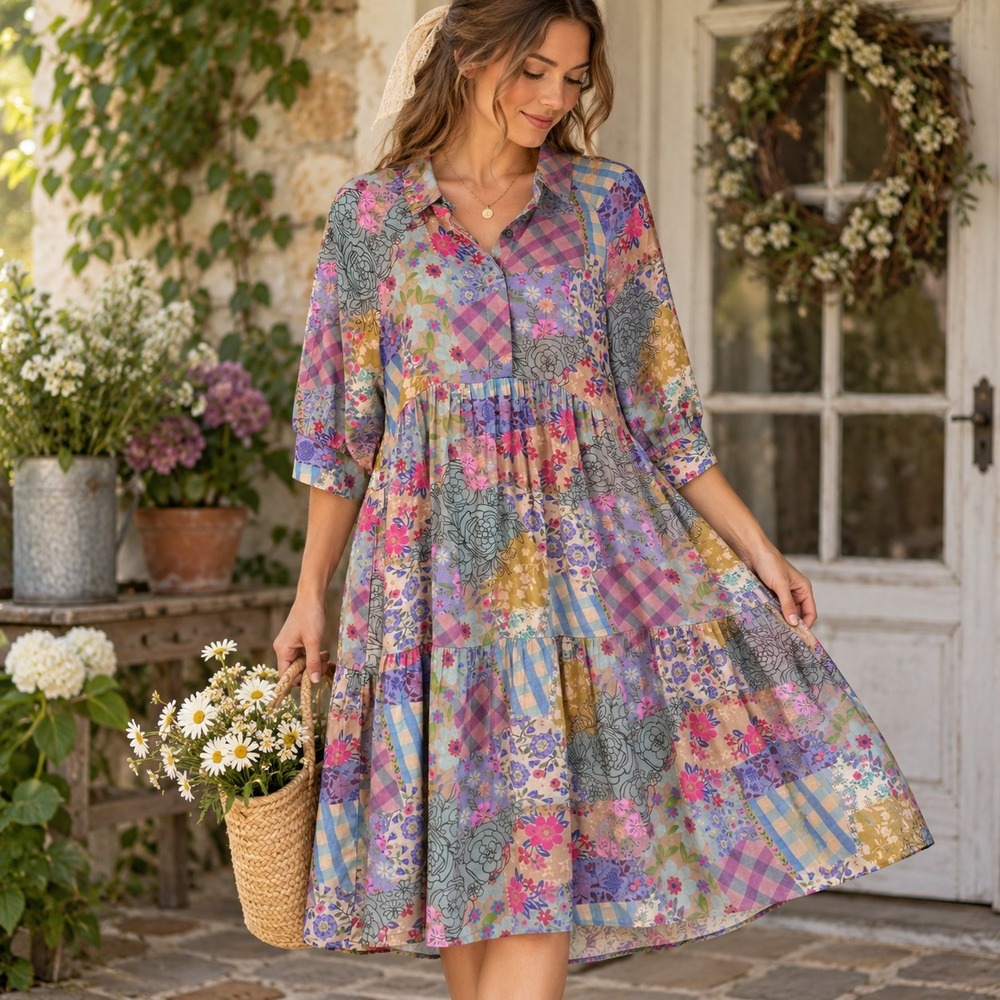 Natural Life Patchwork Floral Tiered Mini Dress Sz M Boho Cottage Pockets